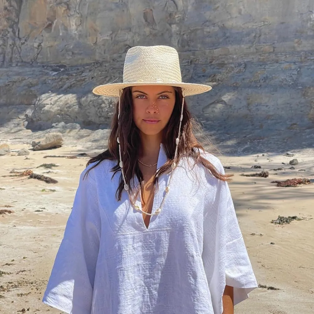 Woven Fedora Sun Hat Women Straw Wide Brim Finished with Seashells Sun Protection Summer Vacation Seaside Beach Straw Hat