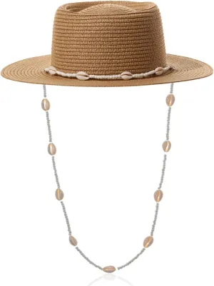 Woven Fedora Sun Hat Women Straw Wide Brim Finished with Seashells Sun Protection Summer Vacation Seaside Beach Straw Hat