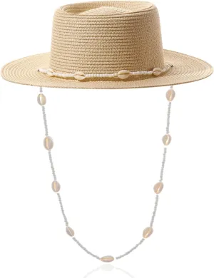 Woven Fedora Sun Hat Women Straw Wide Brim Finished with Seashells Sun Protection Summer Vacation Seaside Beach Straw Hat