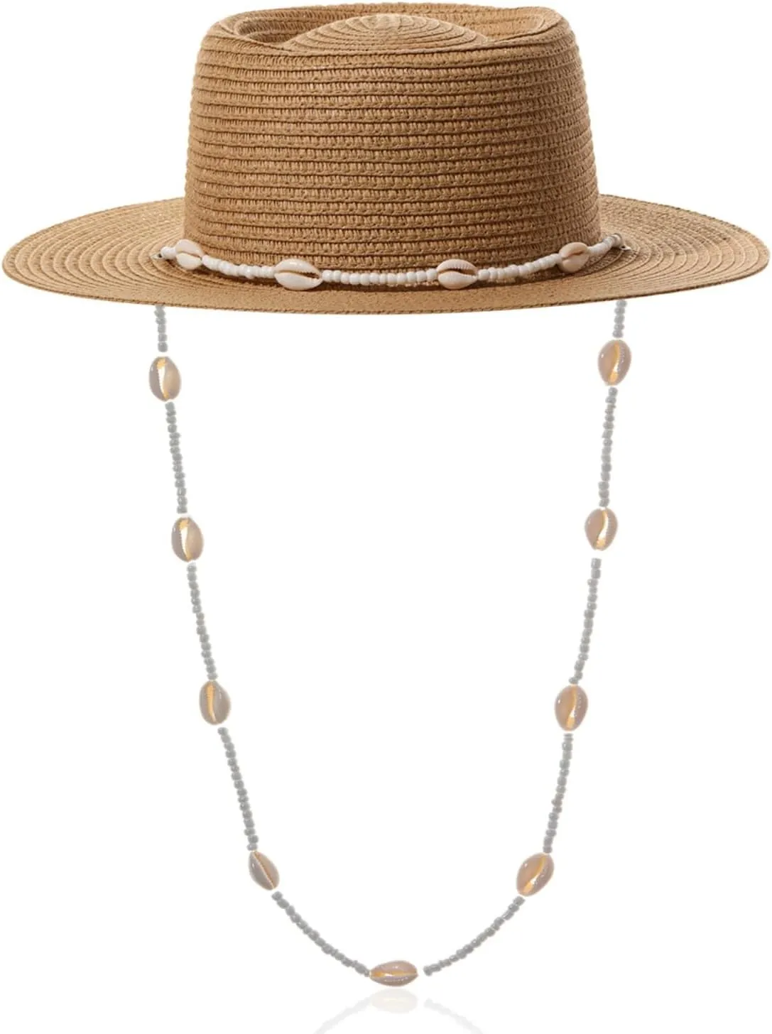 Woven Fedora Sun Hat Women Straw Wide Brim Finished with Seashells Sun Protection Summer Vacation Seaside Beach Straw Hat