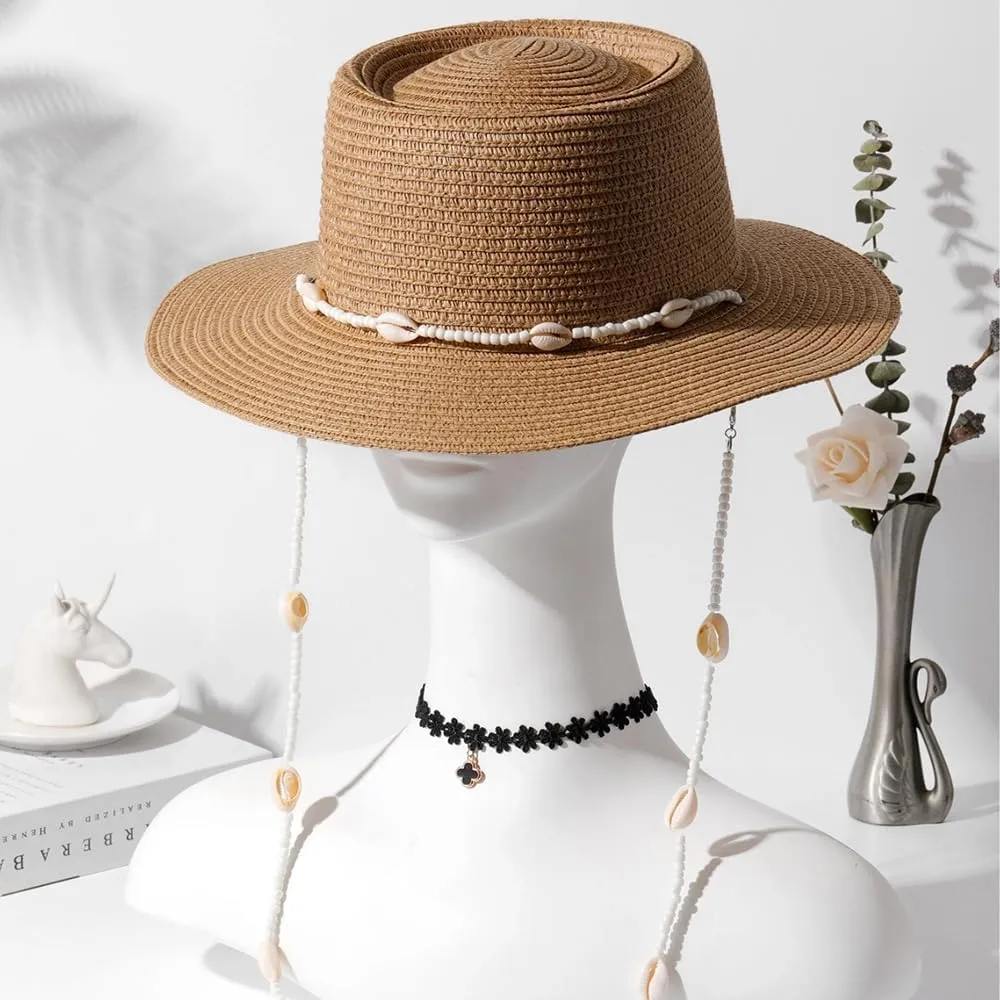 Woven Fedora Sun Hat Women Straw Wide Brim Finished with Seashells Sun Protection Summer Vacation Seaside Beach Straw Hat