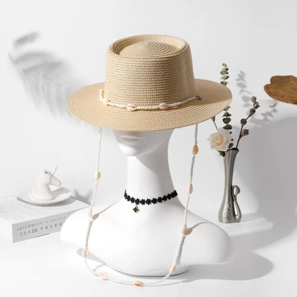 Woven Fedora Sun Hat Women Straw Wide Brim Finished with Seashells Sun Protection Summer Vacation Seaside Beach Straw Hat