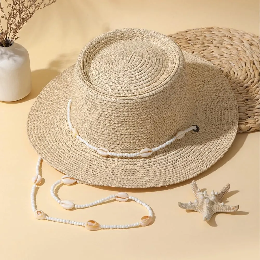 Woven Fedora Sun Hat Women Straw Wide Brim Finished with Seashells Sun Protection Summer Vacation Seaside Beach Straw Hat