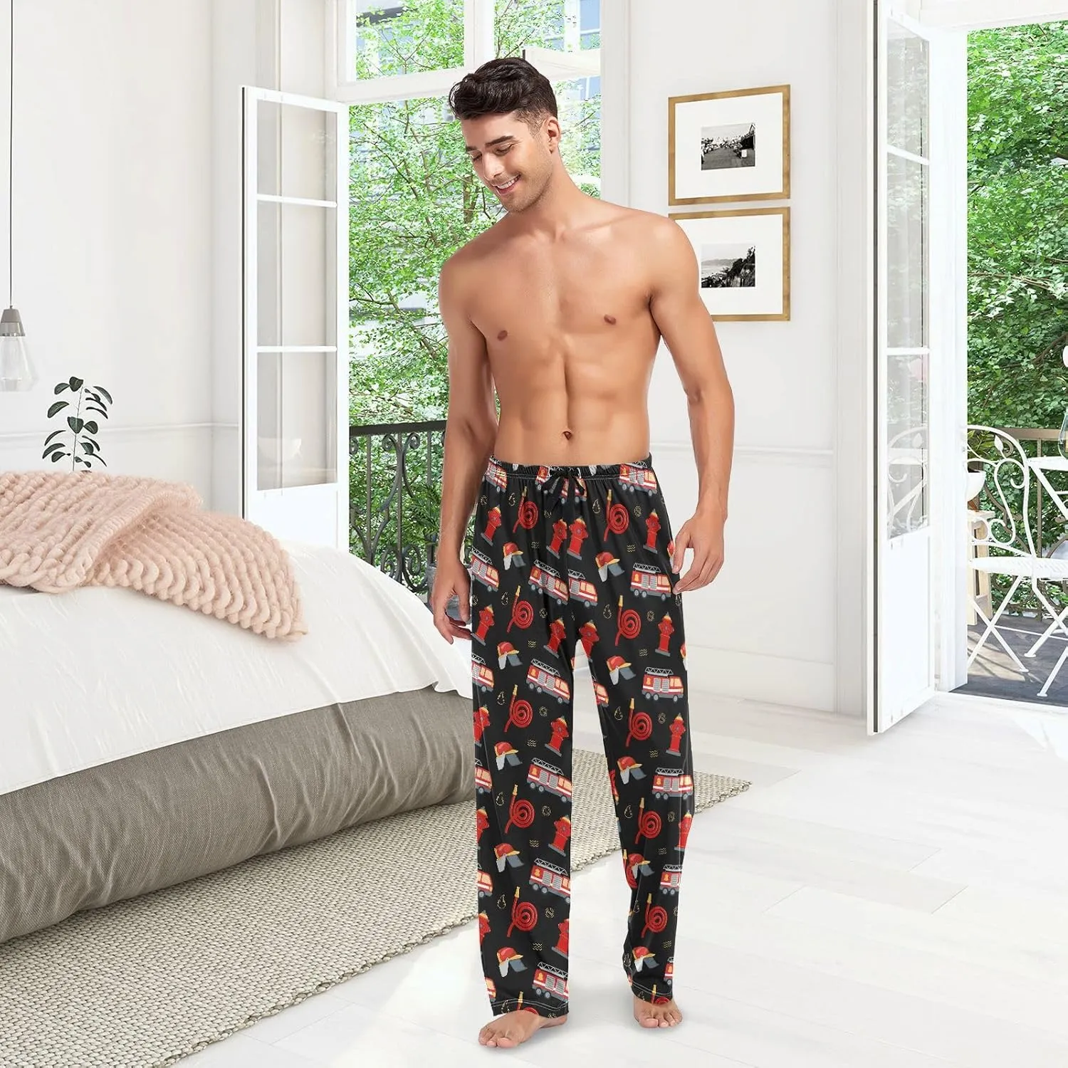 Wudan Firefighter Fire Hose Hydrant Truck Black Men's Pajama Pants Lounge Pants Pajama Bottoms with Pockets S