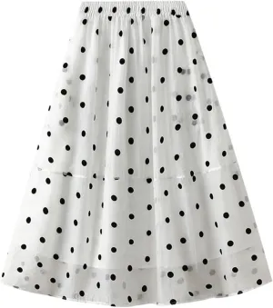 Xiaojmake Women Polka Dot Print Tutu Skirt Chiffon Flowy Elastic Waist A-Line Boho Beach Skirt Ruffle Mesh Tiered Midi Skirts