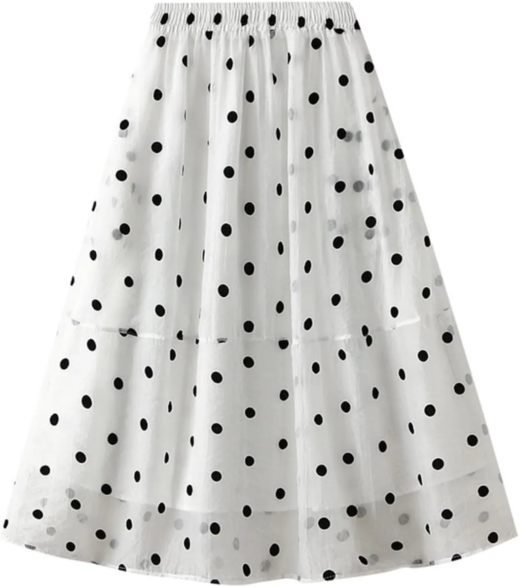 Xiaojmake Women Polka Dot Print Tutu Skirt Chiffon Flowy Elastic Waist A-Line Boho Beach Skirt Ruffle Mesh Tiered Midi Skirts