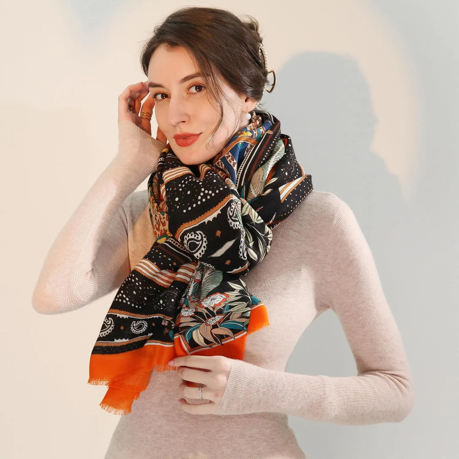 Xinmurffy 100% Merino Wool Travel Scarf Pashmina Shawls and Wraps for Women Cashmere Warm Winter Large Floral Blanket Scarves