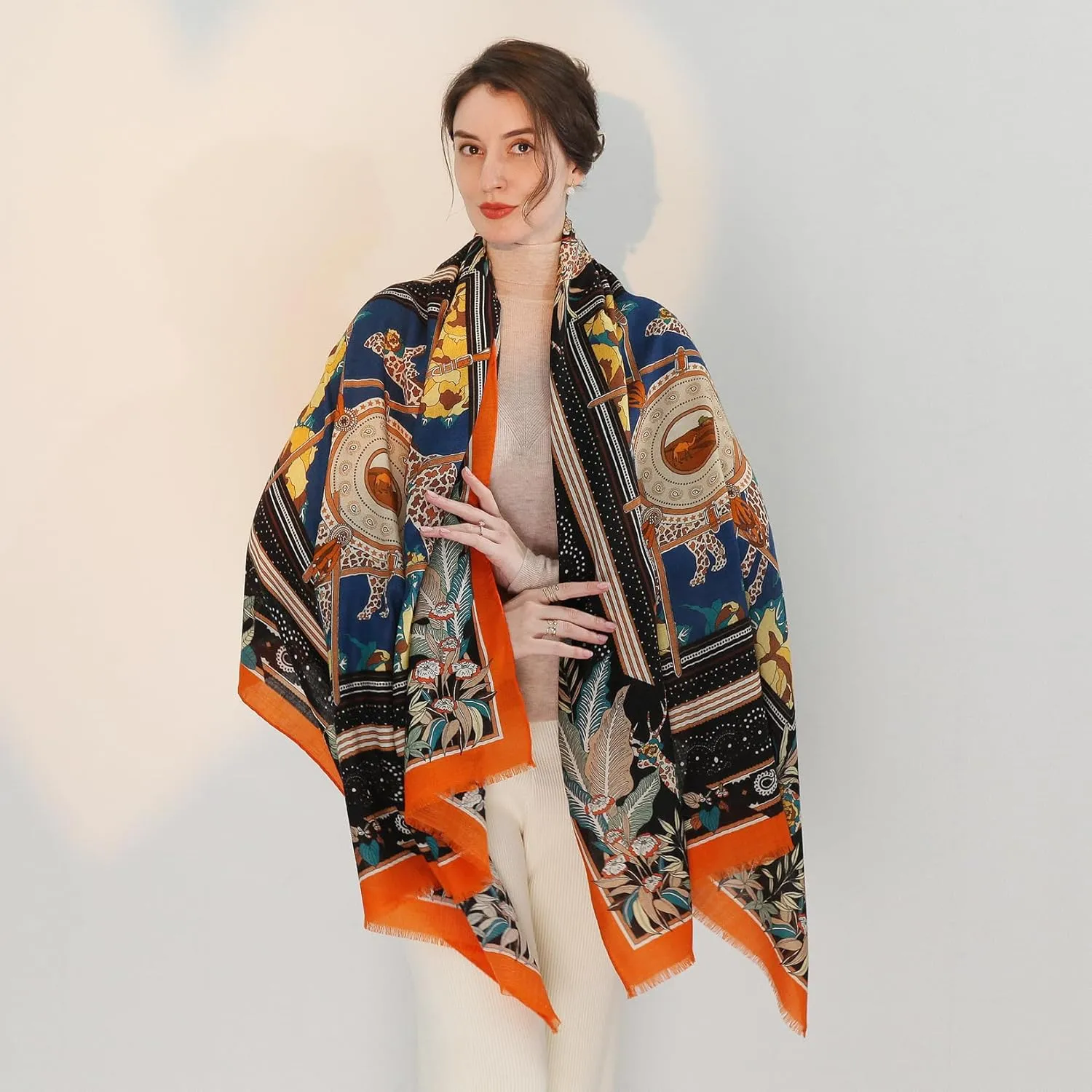 Xinmurffy 100% Merino Wool Travel Scarf Pashmina Shawls and Wraps for Women Cashmere Warm Winter Large Floral Blanket Scarves