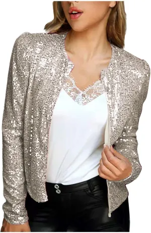 XUNRYAN Sequin Blazer Women Casual Open Front Cardigan Sparkly Jacket Glitter Long Sleeve Short Coats Crop Shrug Wraps Outfit