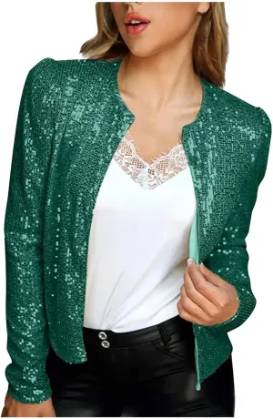XUNRYAN Sequin Blazer Women Casual Open Front Cardigan Sparkly Jacket Glitter Long Sleeve Short Coats Crop Shrug Wraps Outfit
