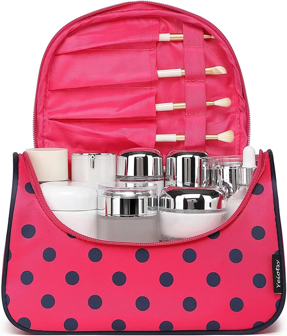 Yeiotsy Polka Dots Makeup Bag – Travel Toiletry Bag for Women, Hanging Cosmetic Organizer with Handle and Brush Holders