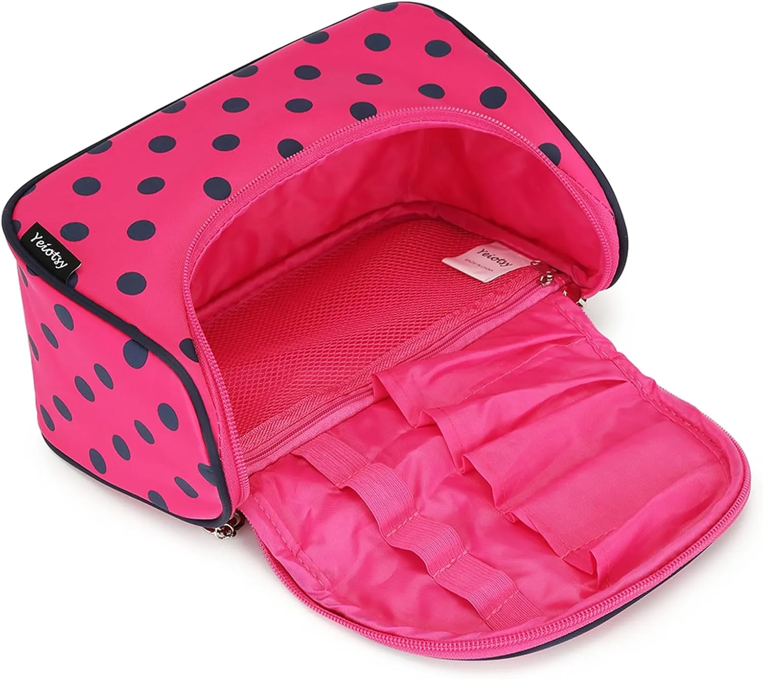Yeiotsy Polka Dots Makeup Bag – Travel Toiletry Bag for Women, Hanging Cosmetic Organizer with Handle and Brush Holders