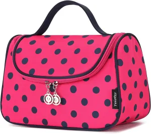 Yeiotsy Polka Dots Makeup Bag – Travel Toiletry Bag for Women, Hanging Cosmetic Organizer with Handle and Brush Holders