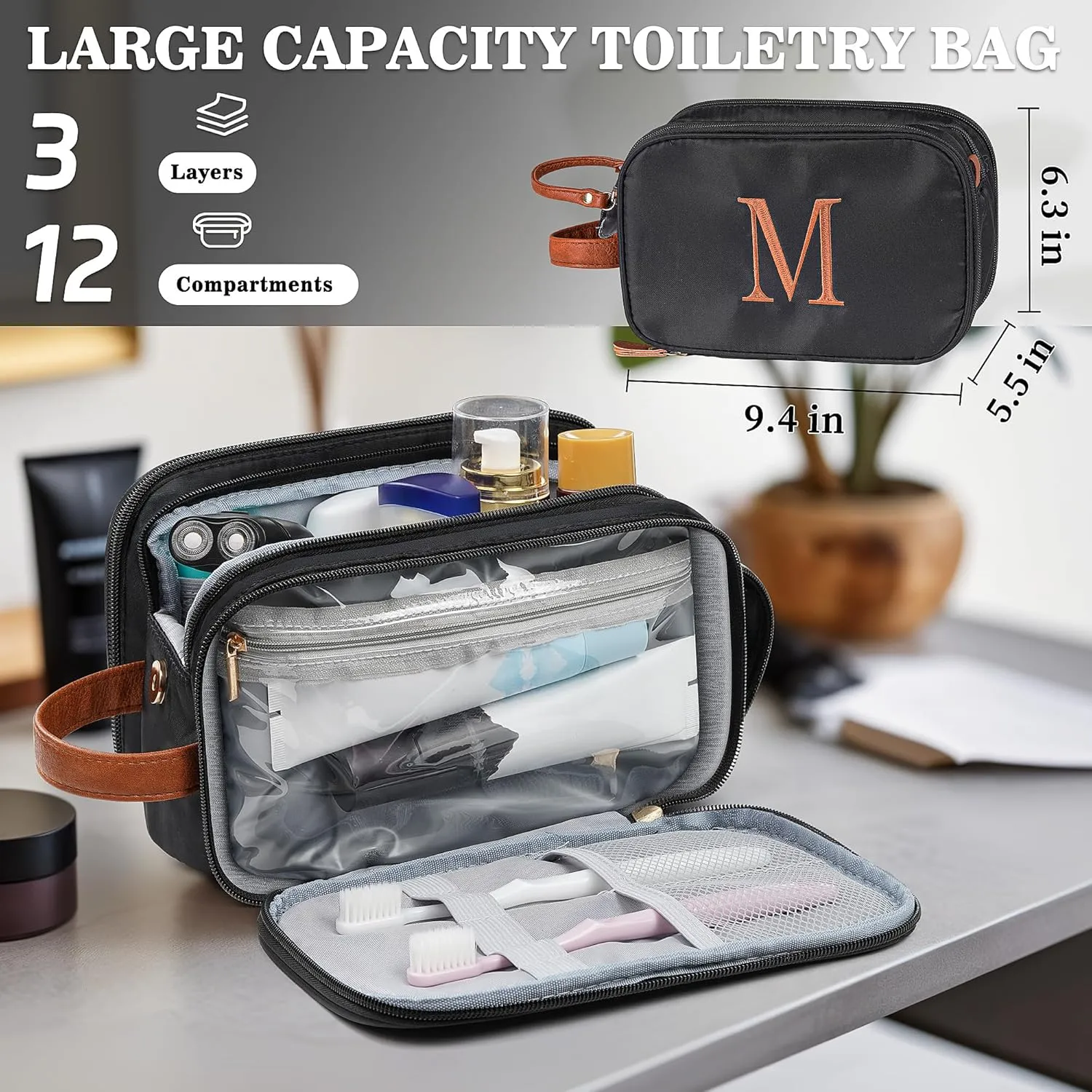 YOOLIFE Toiletry Bag for Men - Travel Toiletry Shaving Bag for Toiletries Accessories, Large Capacity Water-resistant Mens Dopp Kit, Personalized Gifts for Men Birthday Letter C Black